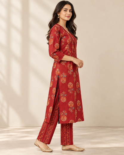Brick Blossom Pintex Cotton Kurta Pant Set