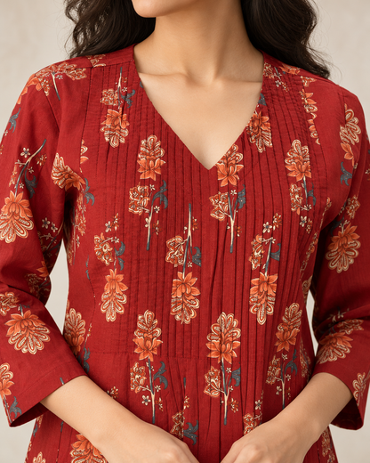 Brick Blossom Pintex Cotton Kurta Pant Set
