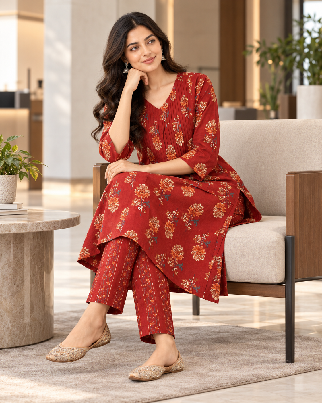 Brick Blossom Pintex Cotton Kurta Pant Set