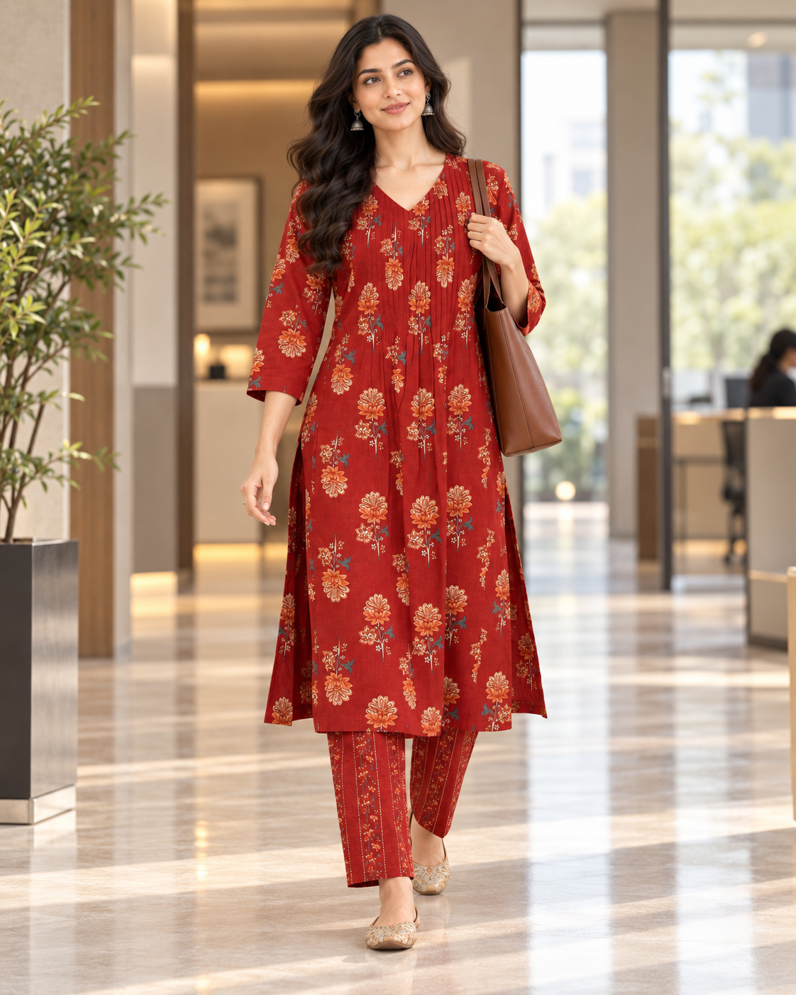 Brick Blossom Pintex Cotton Kurta Pant Set