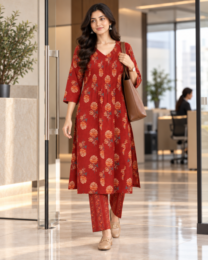 Brick Blossom Pintex Cotton Kurta Pant Set