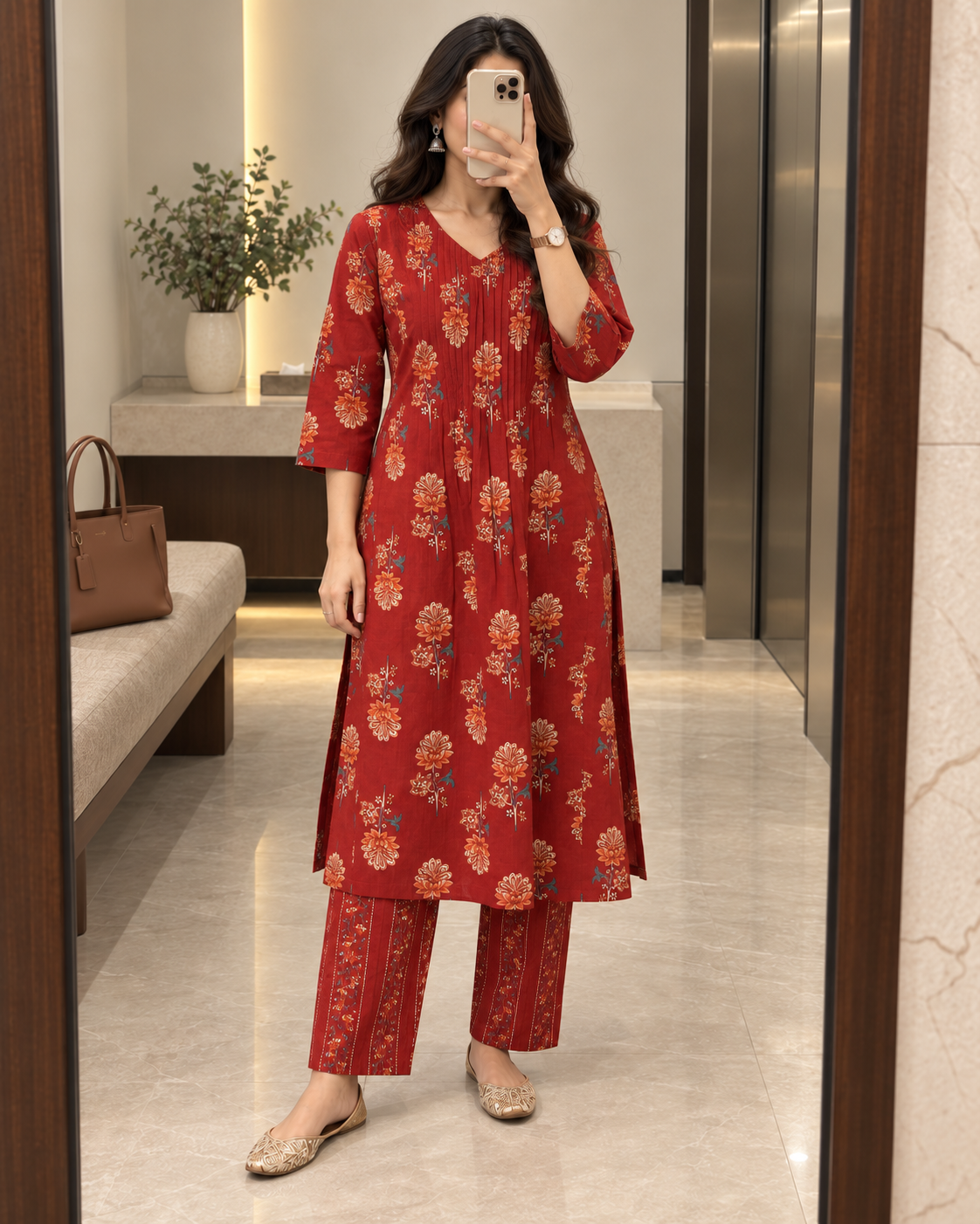 Brick Blossom Pintex Cotton Kurta Pant Set