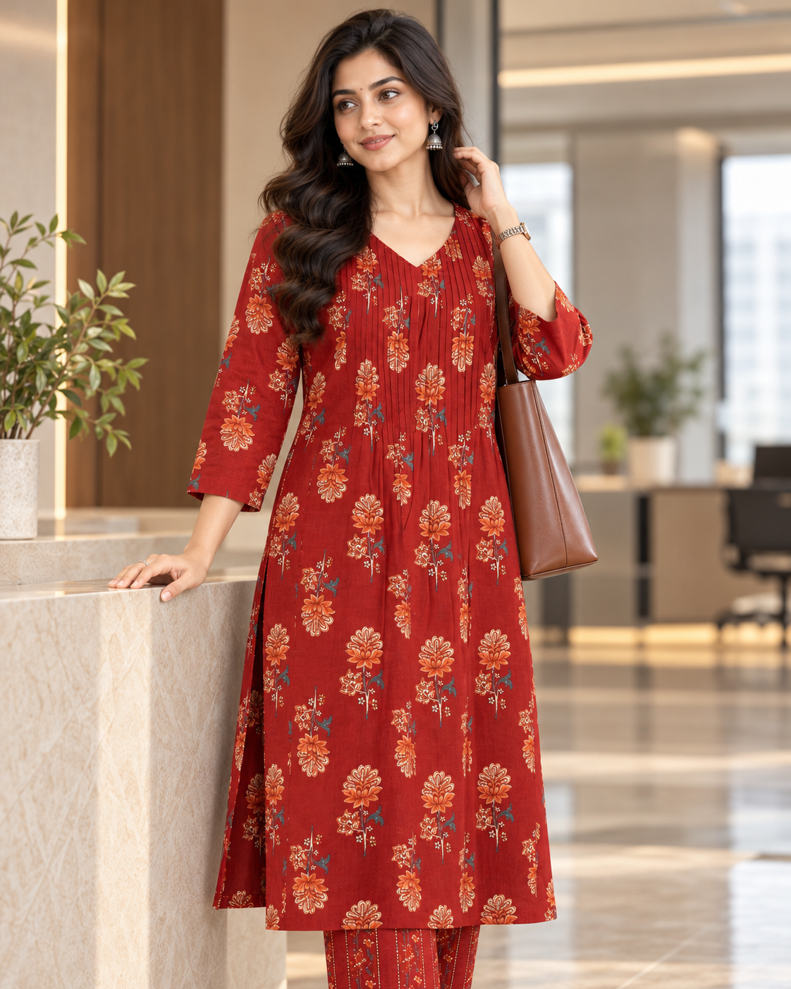 Brick Blossom Pintex Cotton Kurta Pant Set