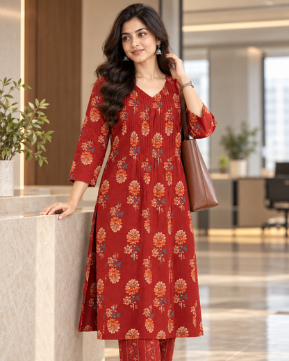 Brick Blossom Pintex Cotton Kurta Pant Set