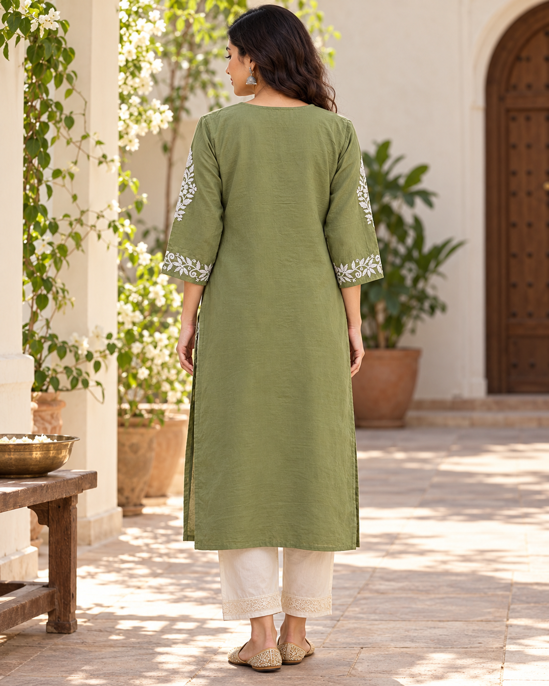 Olive Green Embroidered Cotton Kurta