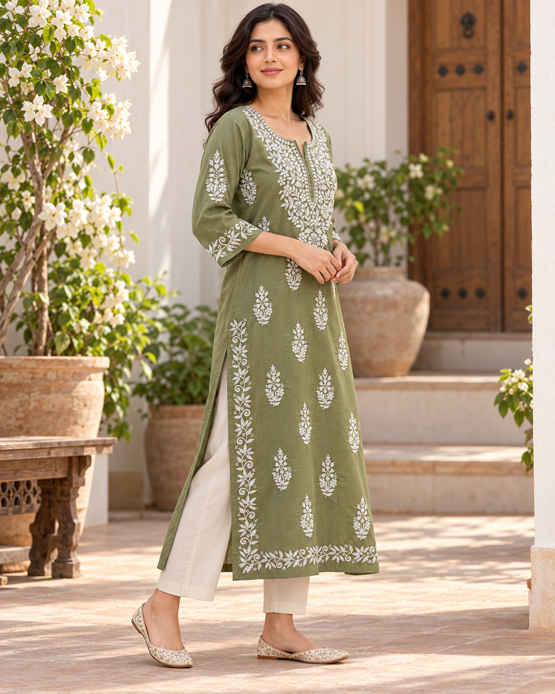 Olive Green Embroidered Cotton Kurta