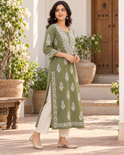 Olive Green Embroidered Cotton Kurta