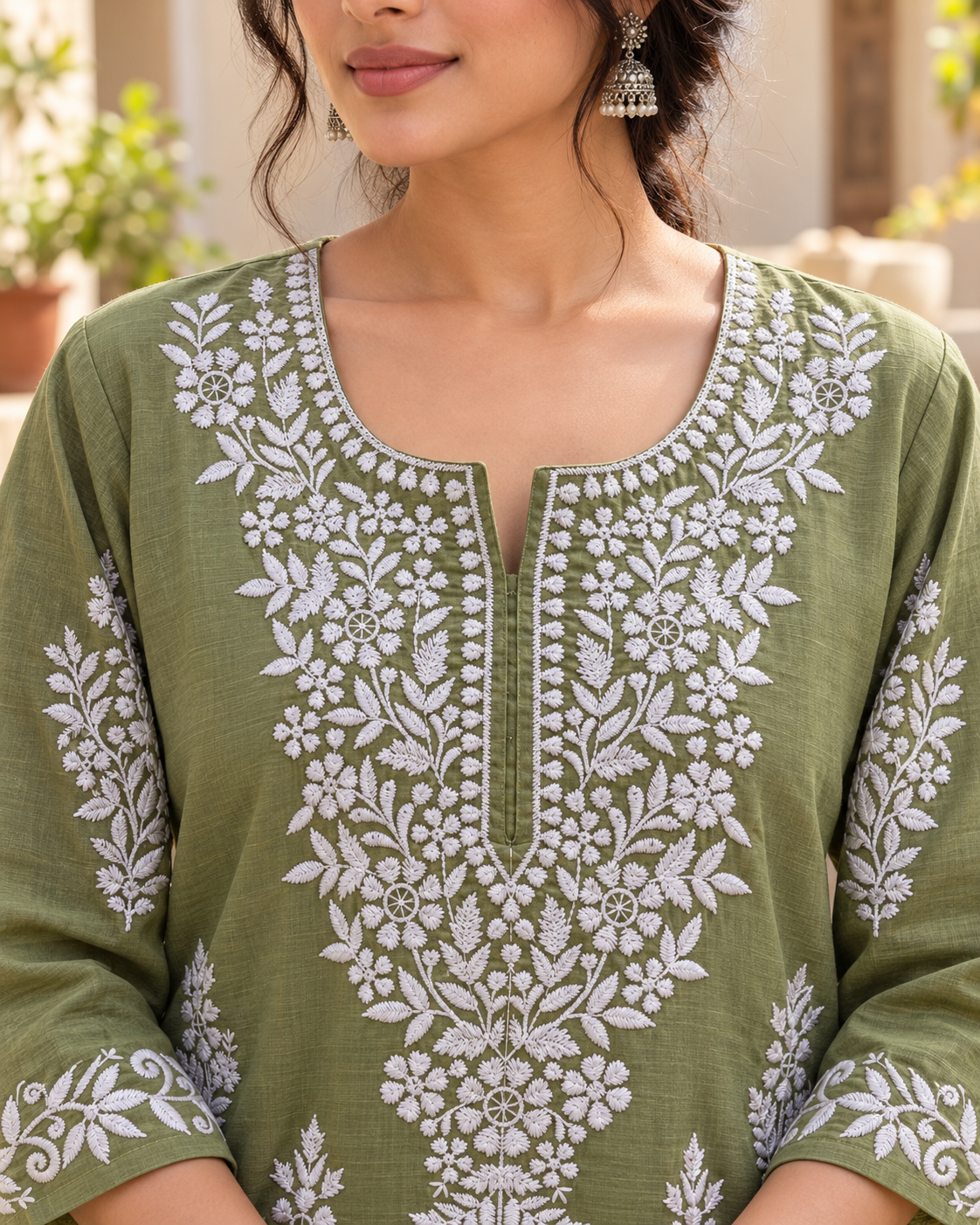 Olive Green Embroidered Cotton Kurta