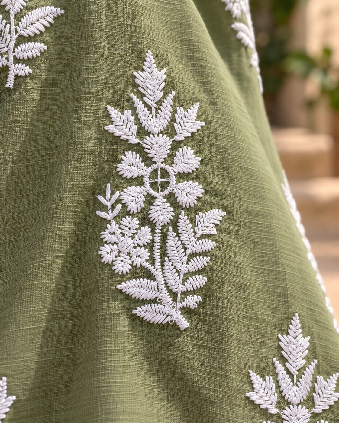 Olive Green Embroidered Cotton Kurta