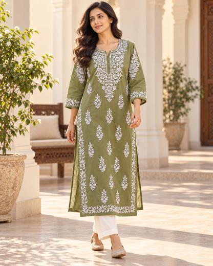 Olive Green Embroidered Cotton Kurta