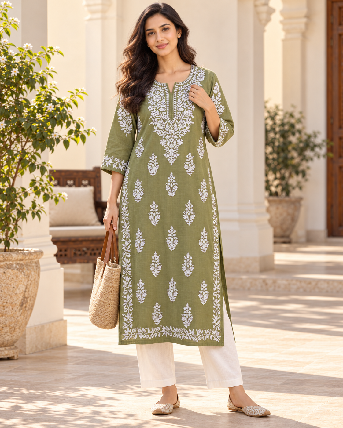 Olive Green Embroidered Cotton Kurta