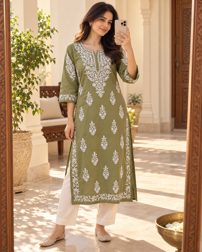 Olive Green Embroidered Cotton Kurta