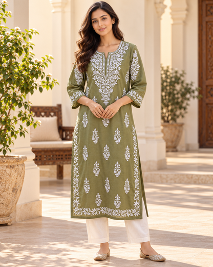 Olive Green Embroidered Cotton Kurta