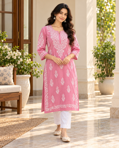 Rose Pink Embroidered Cotton Kurta
