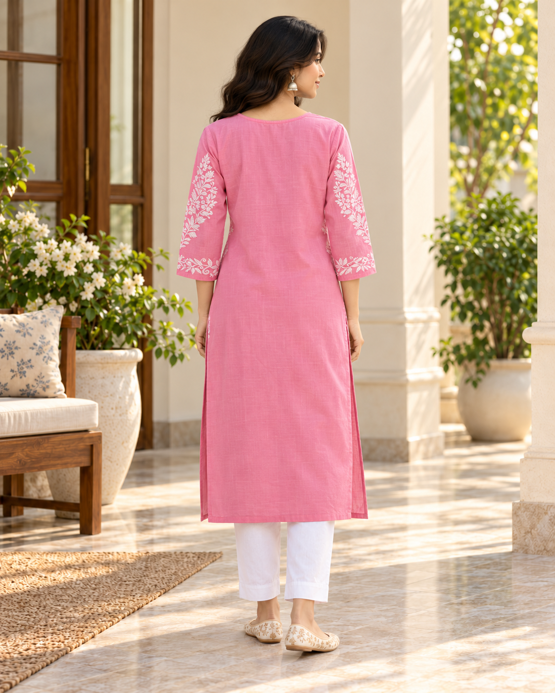Rose Pink Embroidered Cotton Kurta