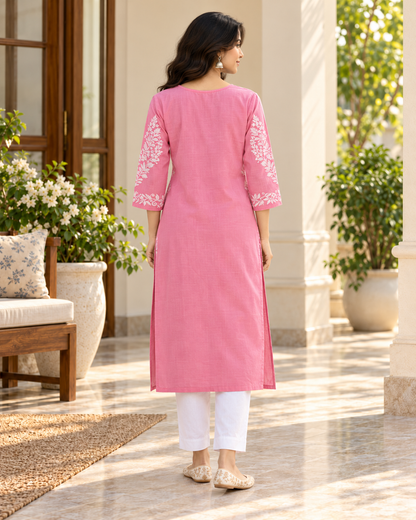 Rose Pink Embroidered Cotton Kurta