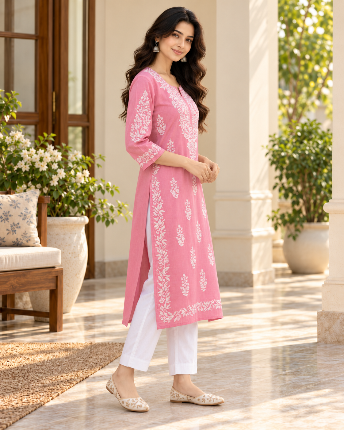 Rose Pink Embroidered Cotton Kurta