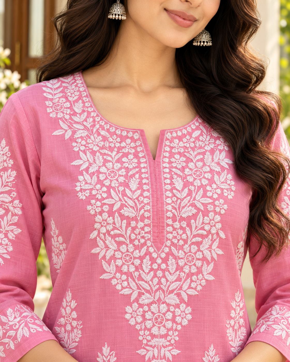 Rose Pink Embroidered Cotton Kurta
