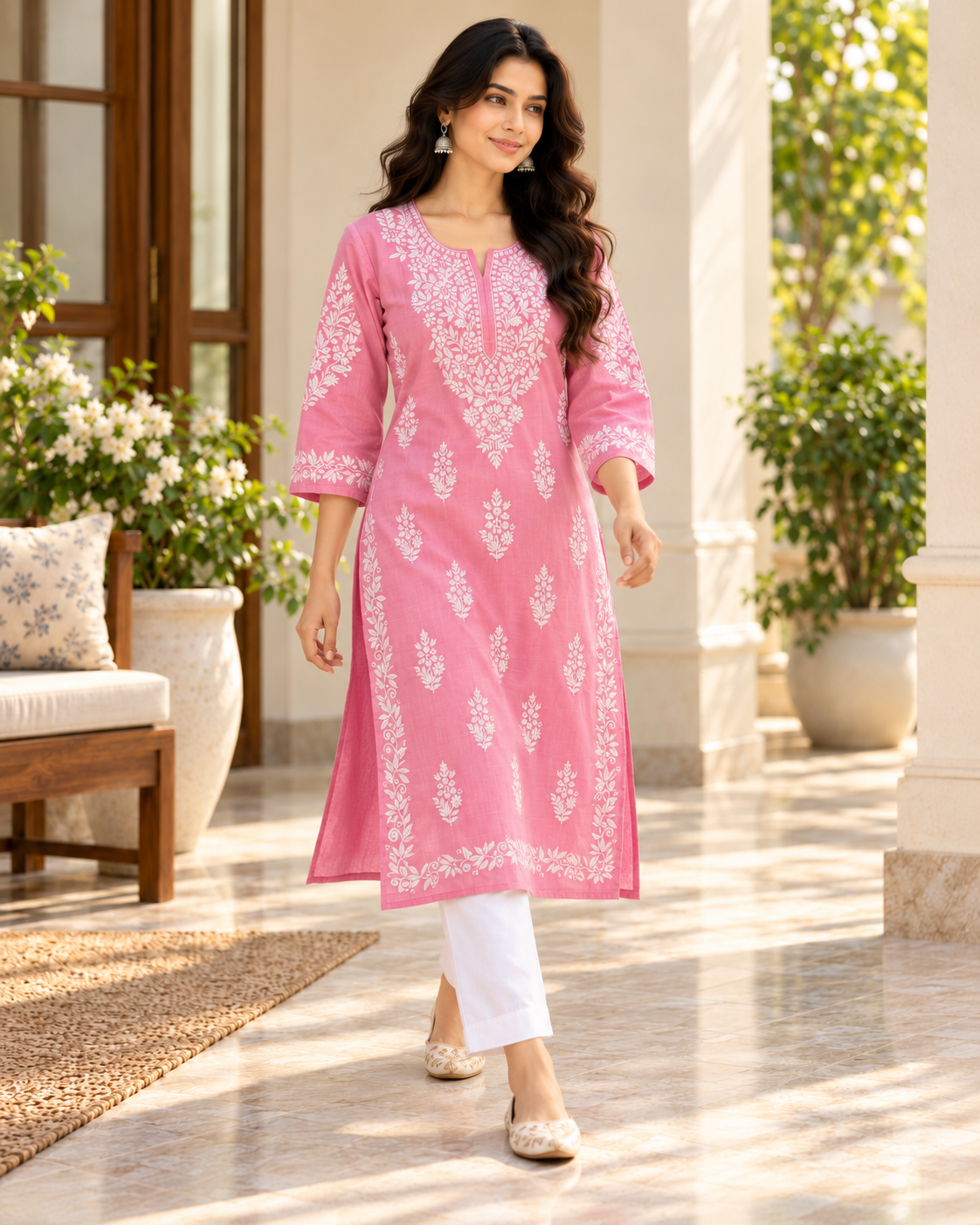 Rose Pink Embroidered Cotton Kurta