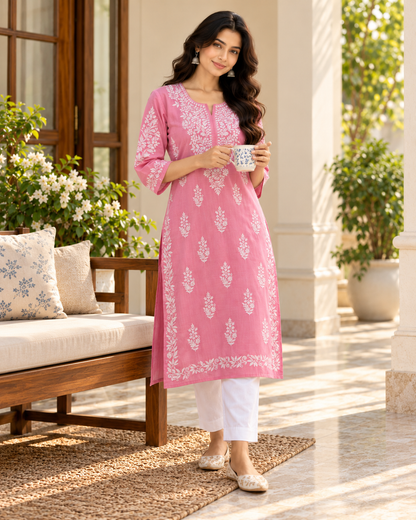 Rose Pink Embroidered Cotton Kurta