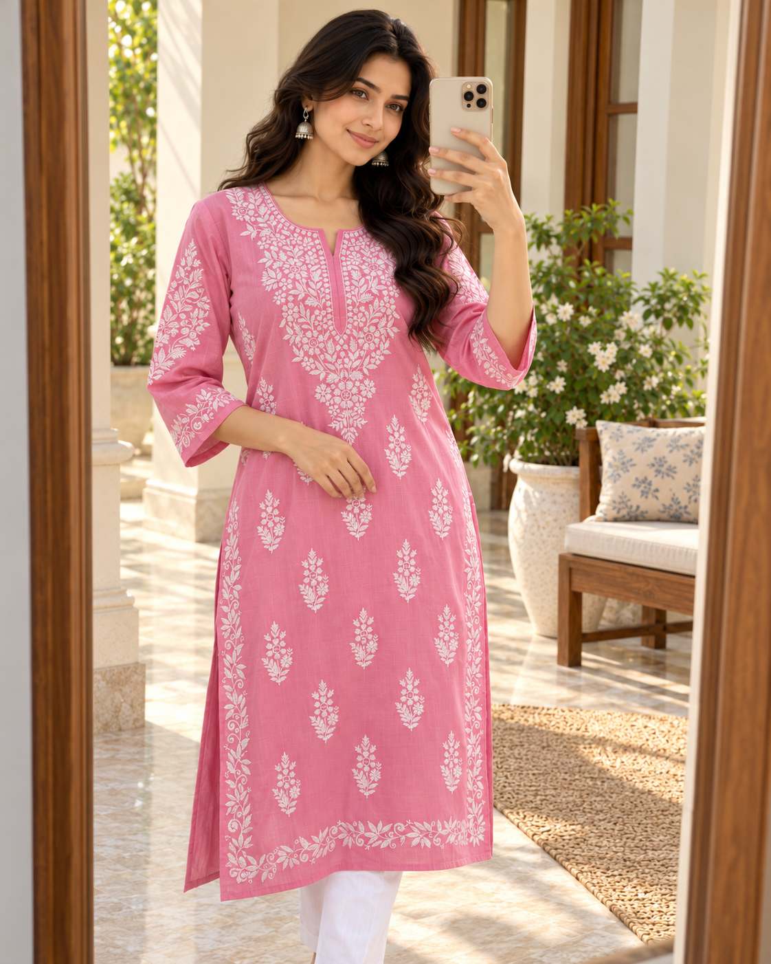 Rose Pink Embroidered Cotton Kurta