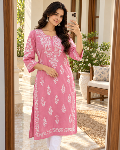 Rose Pink Embroidered Cotton Kurta