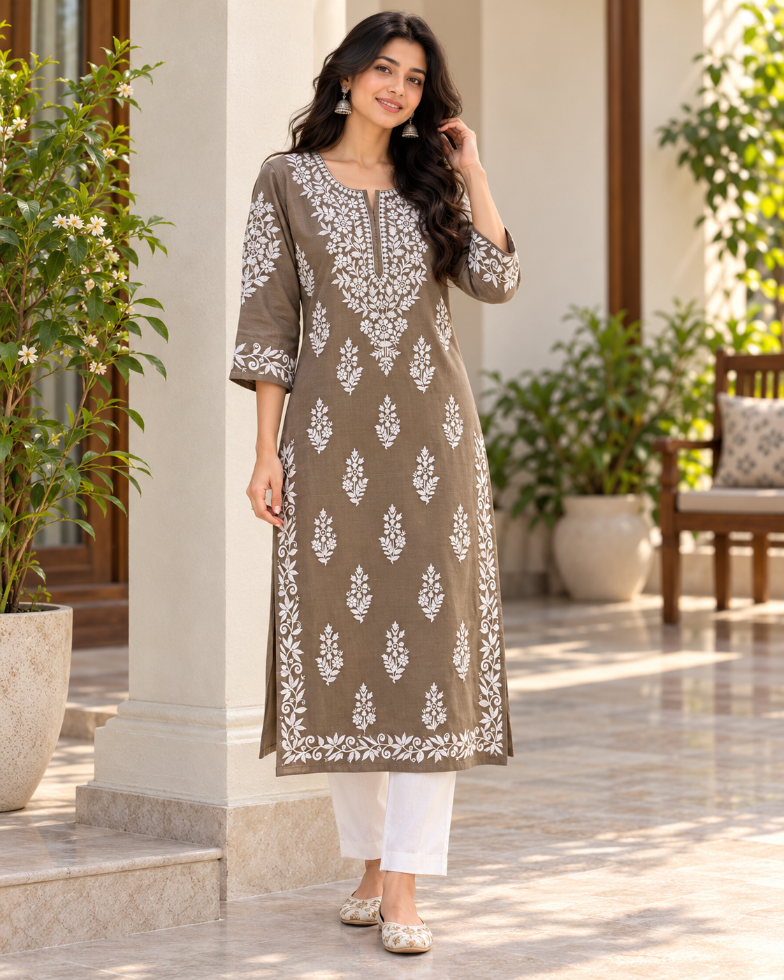 Earth Taupe Embroidered Cotton Kurta