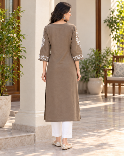 Earth Taupe Embroidered Cotton Kurta