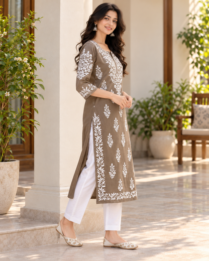 Earth Taupe Embroidered Cotton Kurta