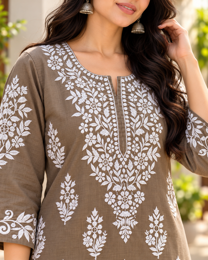 Earth Taupe Embroidered Cotton Kurta