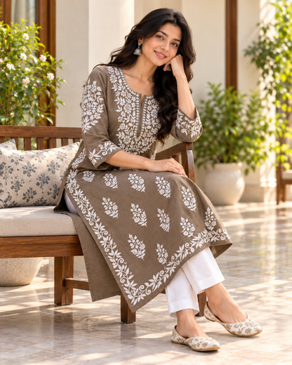 Earth Taupe Embroidered Cotton Kurta