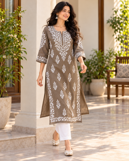 Earth Taupe Embroidered Cotton Kurta