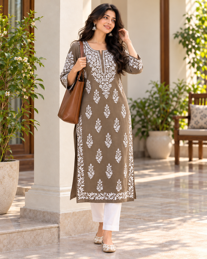 Earth Taupe Embroidered Cotton Kurta