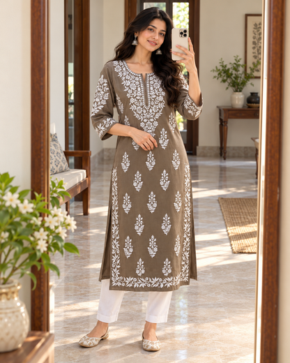 Earth Taupe Embroidered Cotton Kurta