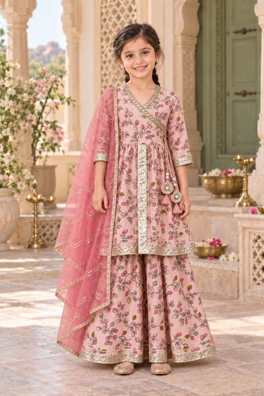 Gulabi Pankhuri Girls Angrakha Set