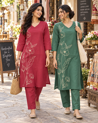 Berry Bloom Dori Embroidery Cotton Flex Co-ord Set