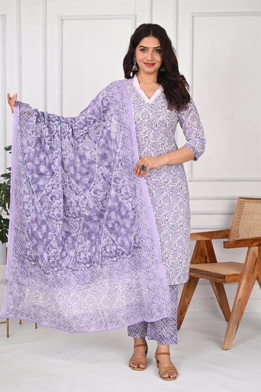 Lavender Buta Cotton Suit Set