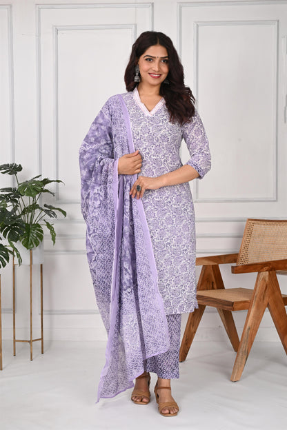 Lavender Buta Cotton Suit Set