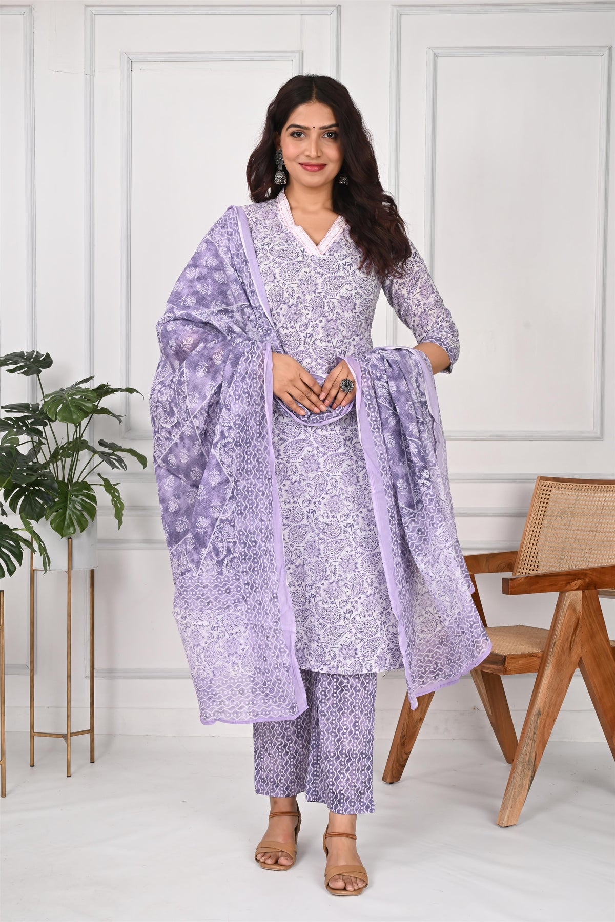 Lavender Buta Cotton Suit Set