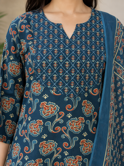 Teal Heritage Jaipur Cotton Suit Set