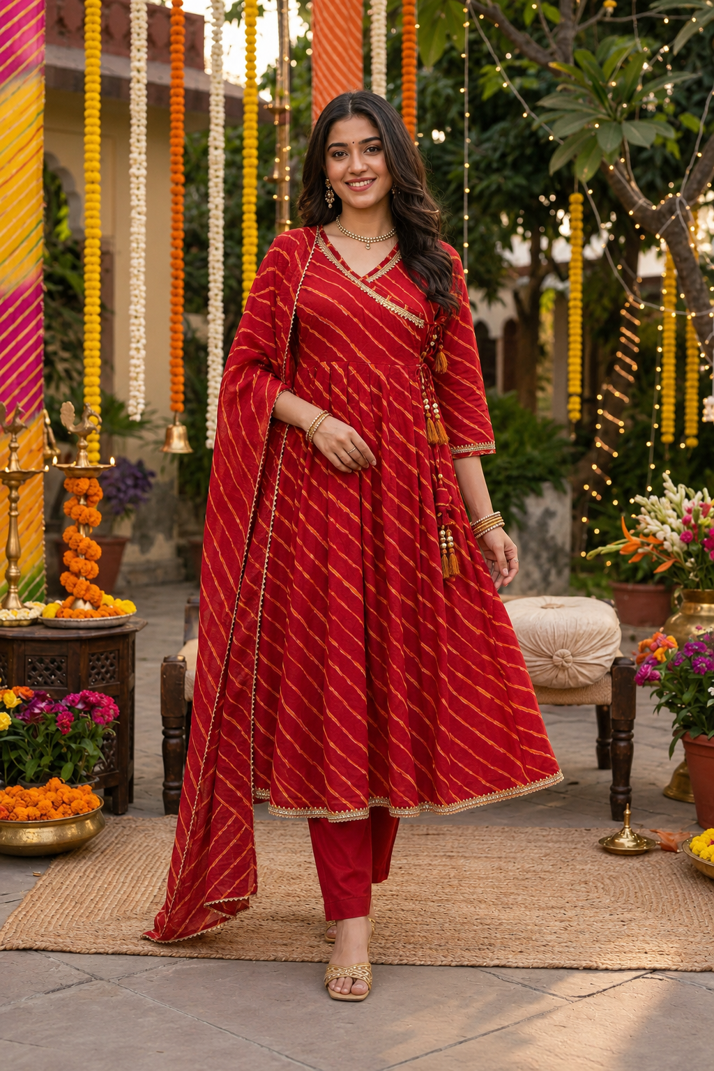 Sindoor Bahaar Utsav Angrakha Leheriya Cotton Suit Set