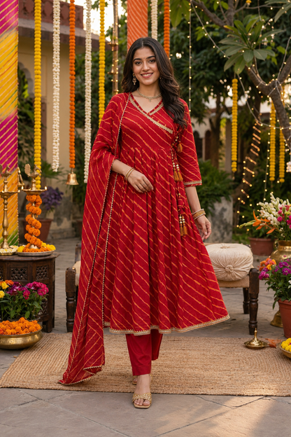 Sindoor Bahaar Utsav Angrakha Leheriya Cotton Suit Set