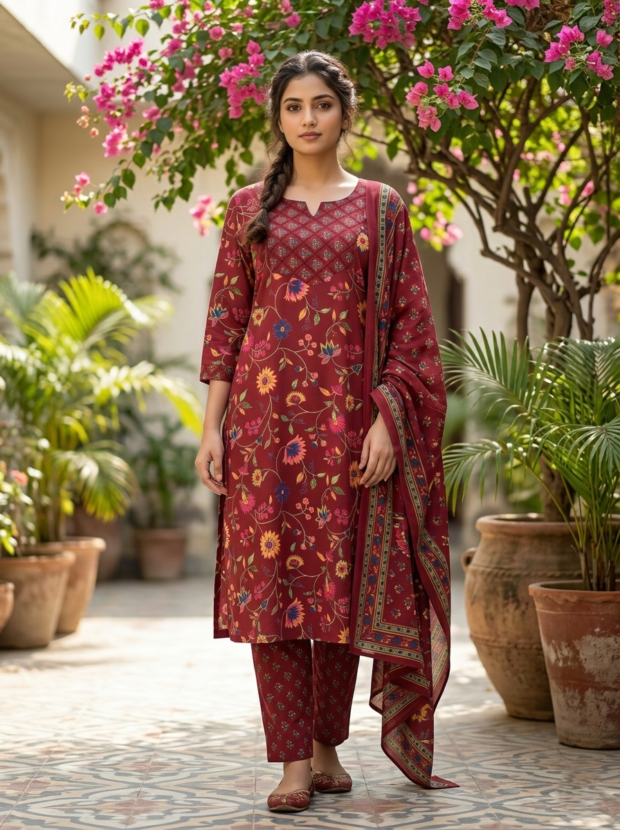 Mehroon Sanganeri Floral Cotton Suit Set