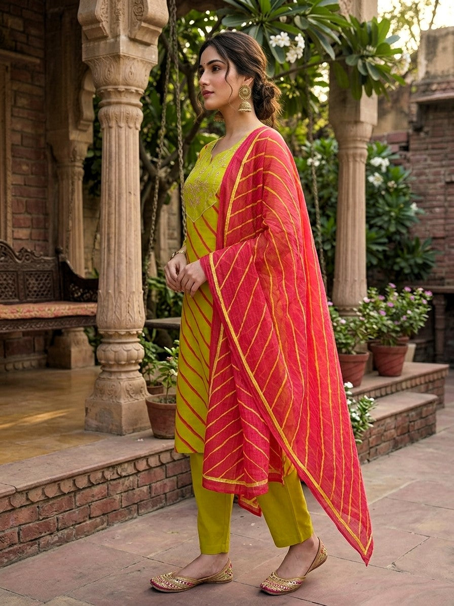 Lime Green Leheriya Jaipur Cotton Suit Set