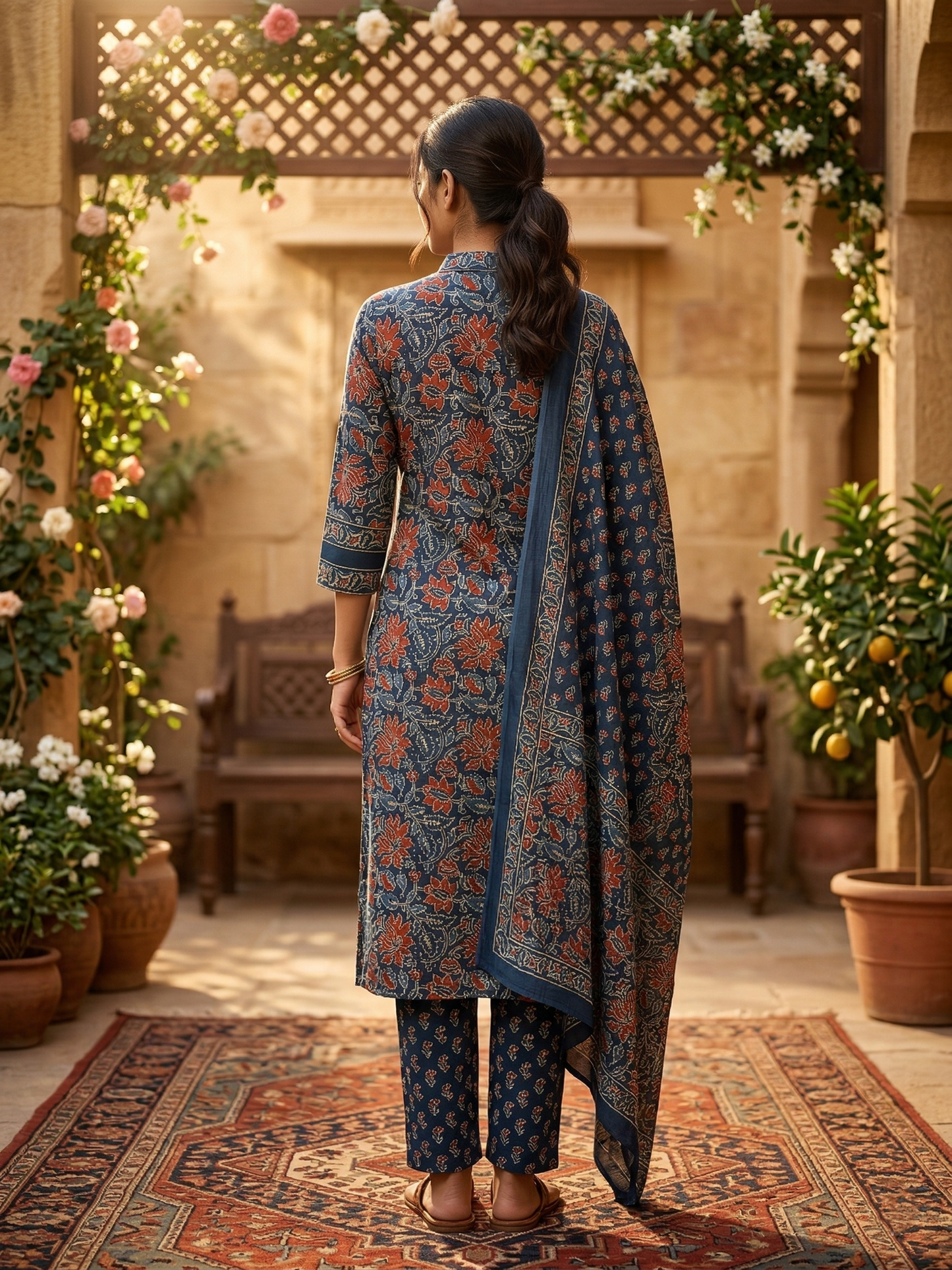 Blue Sanganeri Floral Jaal Cotton Suit Set