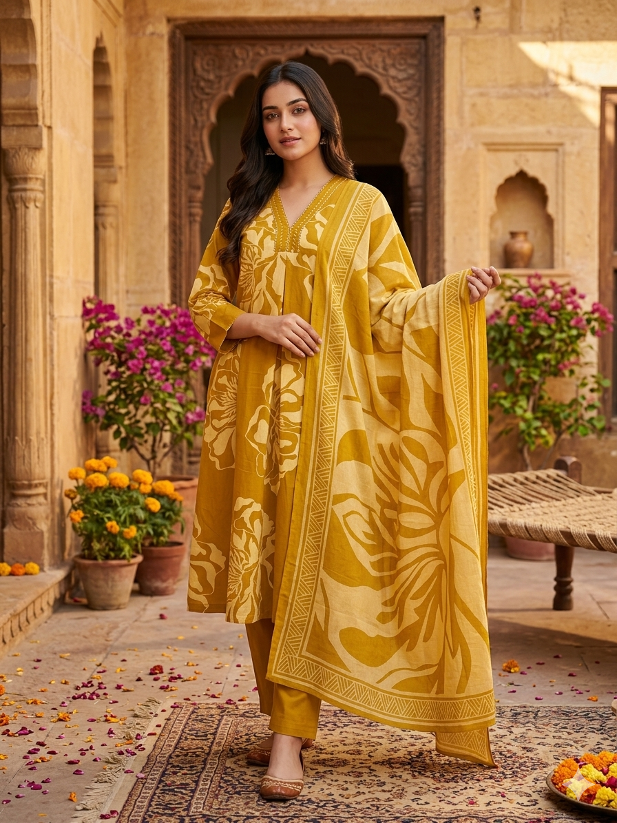 Yellow Floral Cotton Suit Set
