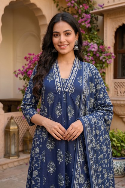 Royal Navy Blue Buta Pure Cotton Suit Set