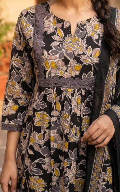 Black Sanganeri Floral Cotton Suit Set