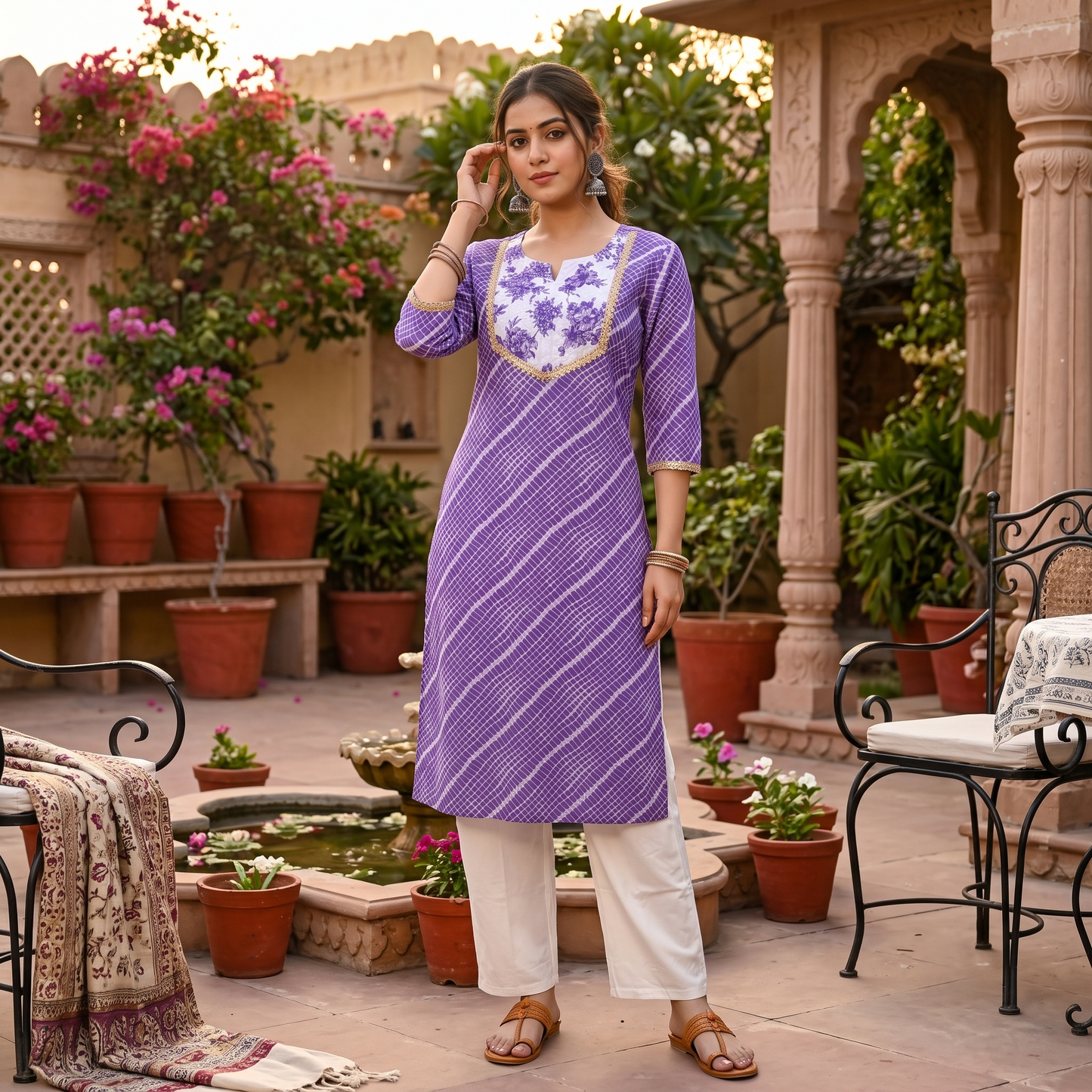 Lavender Leheriya Cotton Kurta