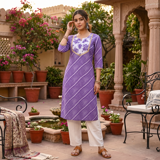 Lavender Leheriya Cotton Kurta